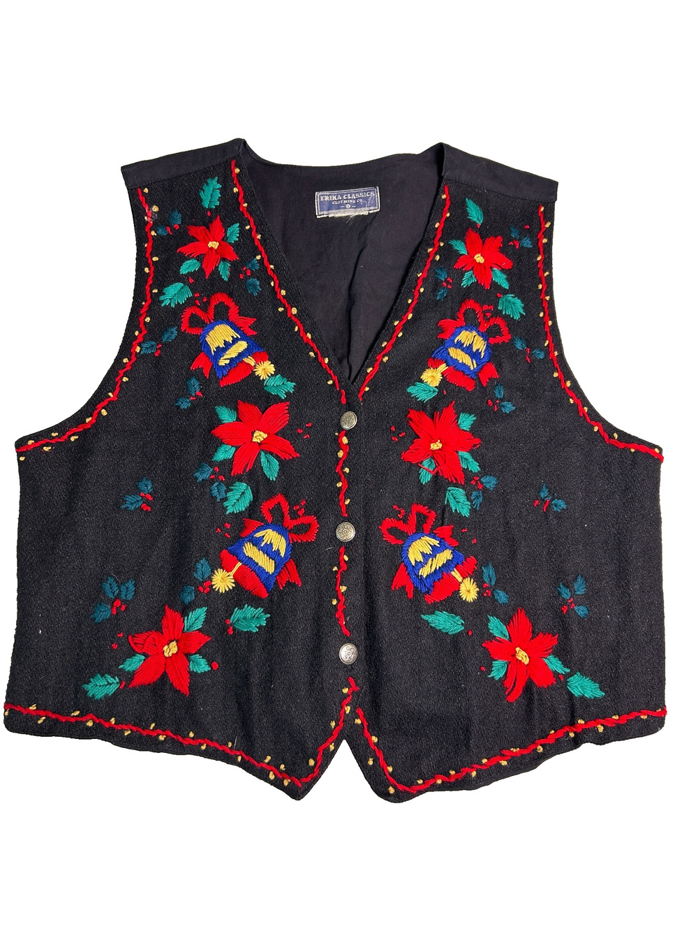 Vintage 90s Erika Classics Embroidered Folk Boho Vest Womens M/L Bells Christmas
